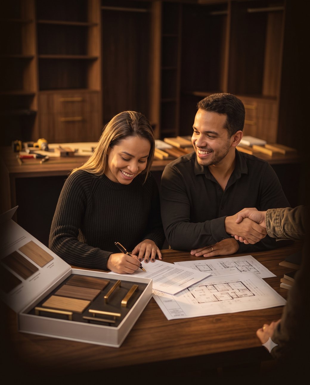 Casal feliz admirando sua cozinha planejada